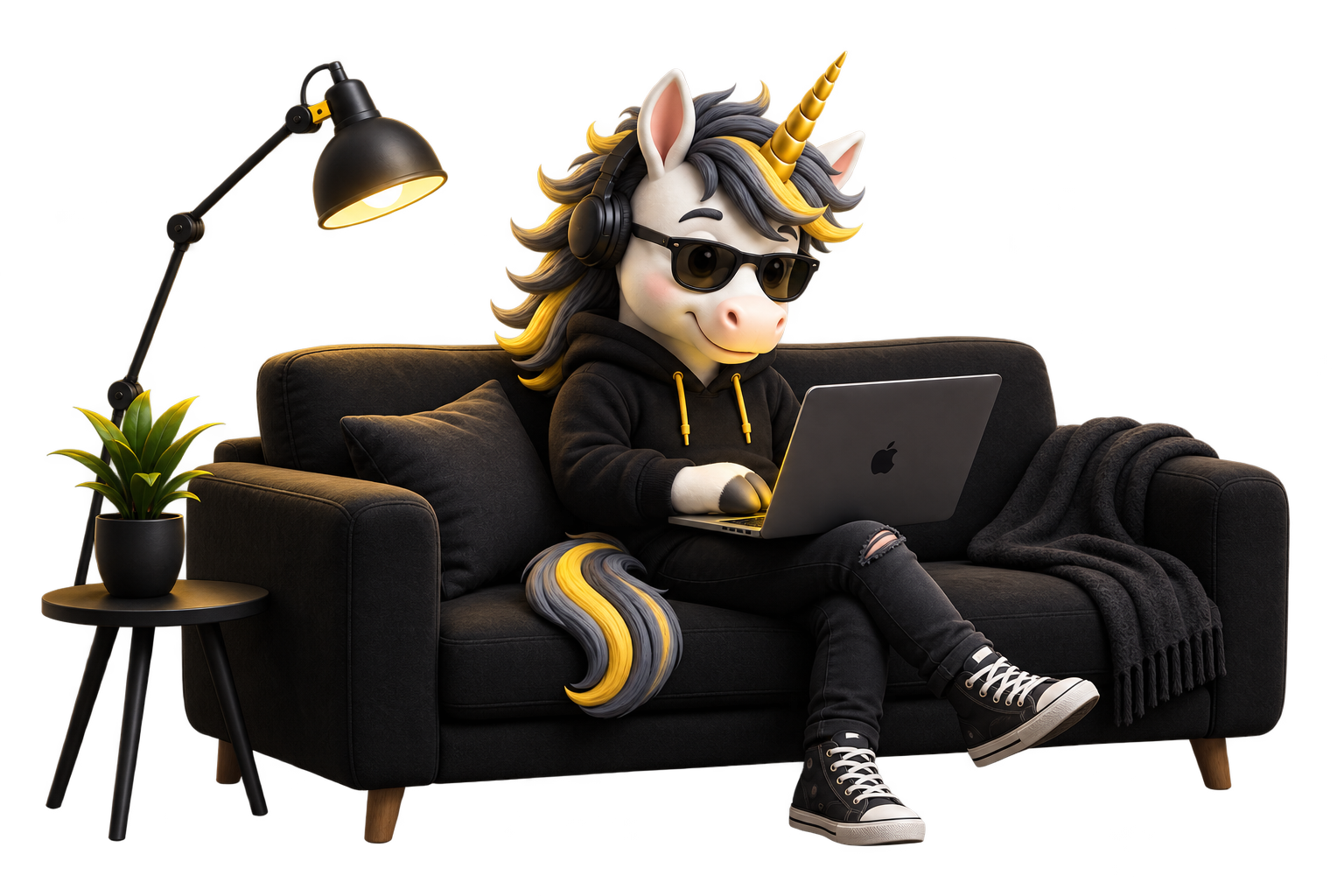 Unicorn developer sitting on a sofa with a laptop